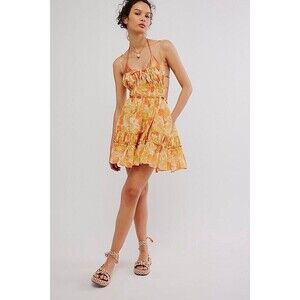 Free People Taking Sides Print Mini Dress Tomato Tiered Ruffle Cotton XL 283593